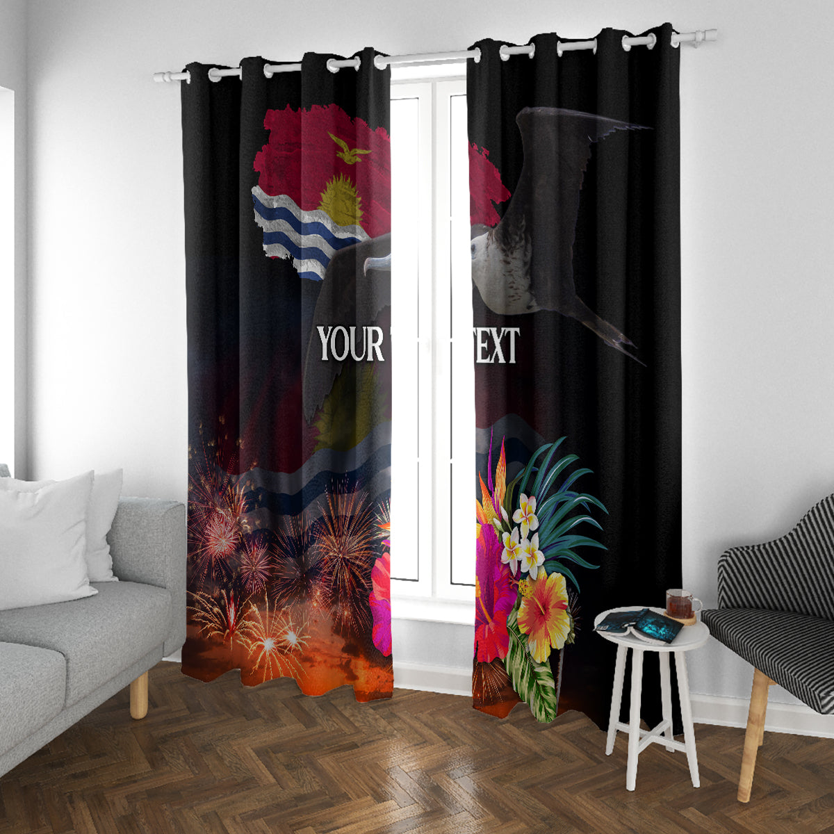 Personalised Kiribati Independence Day Window Curtain Frigatebird and Plumeria Hibiscus Flower LT03 With Grommets Black - Polynesian Pride