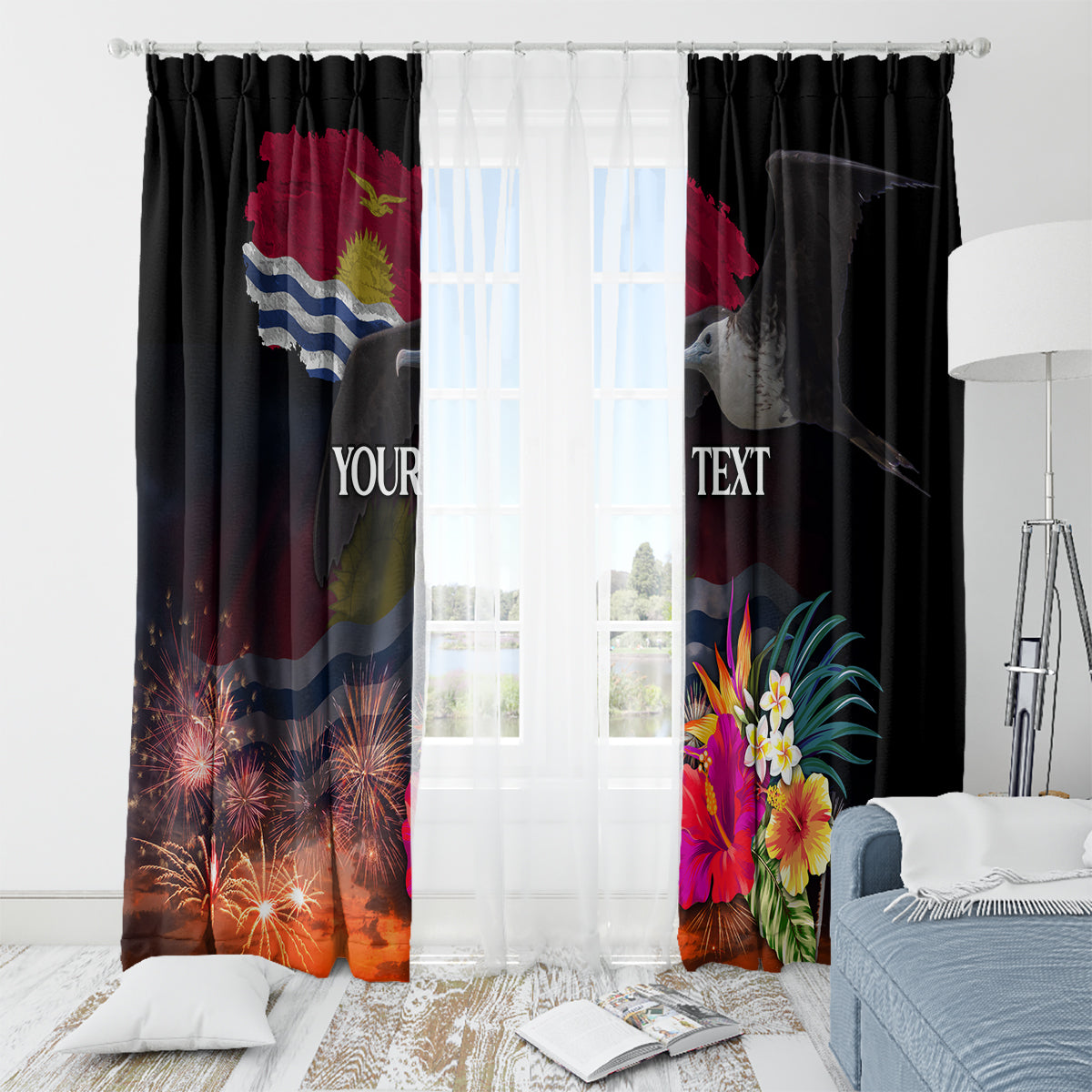 Personalised Kiribati Independence Day Window Curtain Frigatebird and Plumeria Hibiscus Flower LT03 - Polynesian Pride