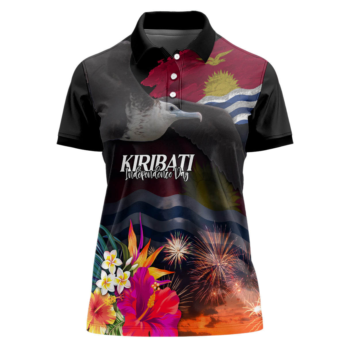 Kiribati Independence Day Women Polo Shirt Frigatebird and Plumeria Hibiscus Flower