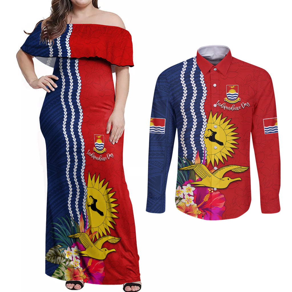Personalised Kiribati Independence Day Couples Matching Off Shoulder Maxi Dress and Long Sleeve Button Shirt Kiribati Map With Flag Color LT03 Red - Polynesian Pride