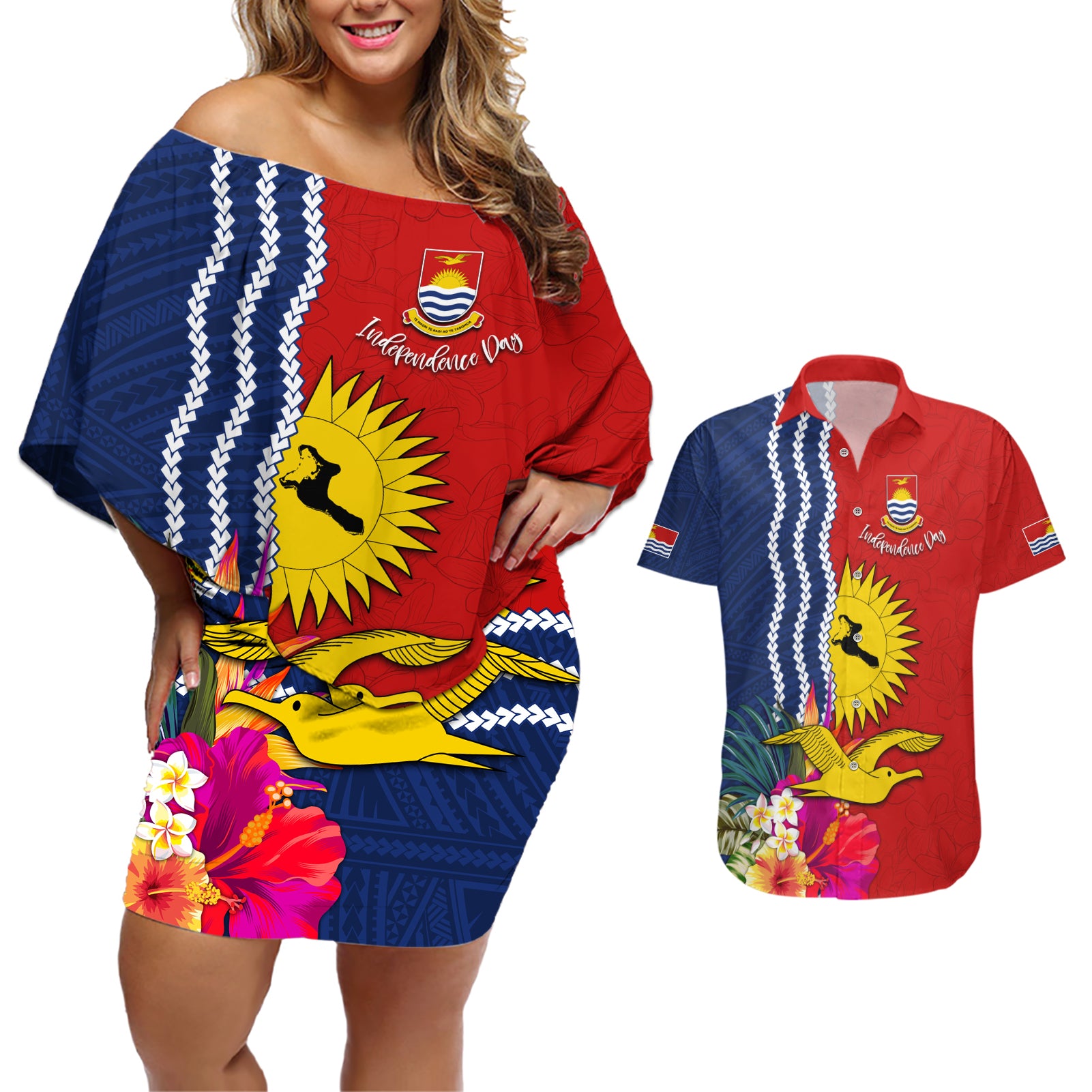 Kiribati Independence Day Couples Matching Off Shoulder Short Dress and Hawaiian Shirt Kiribati Map With Flag Color