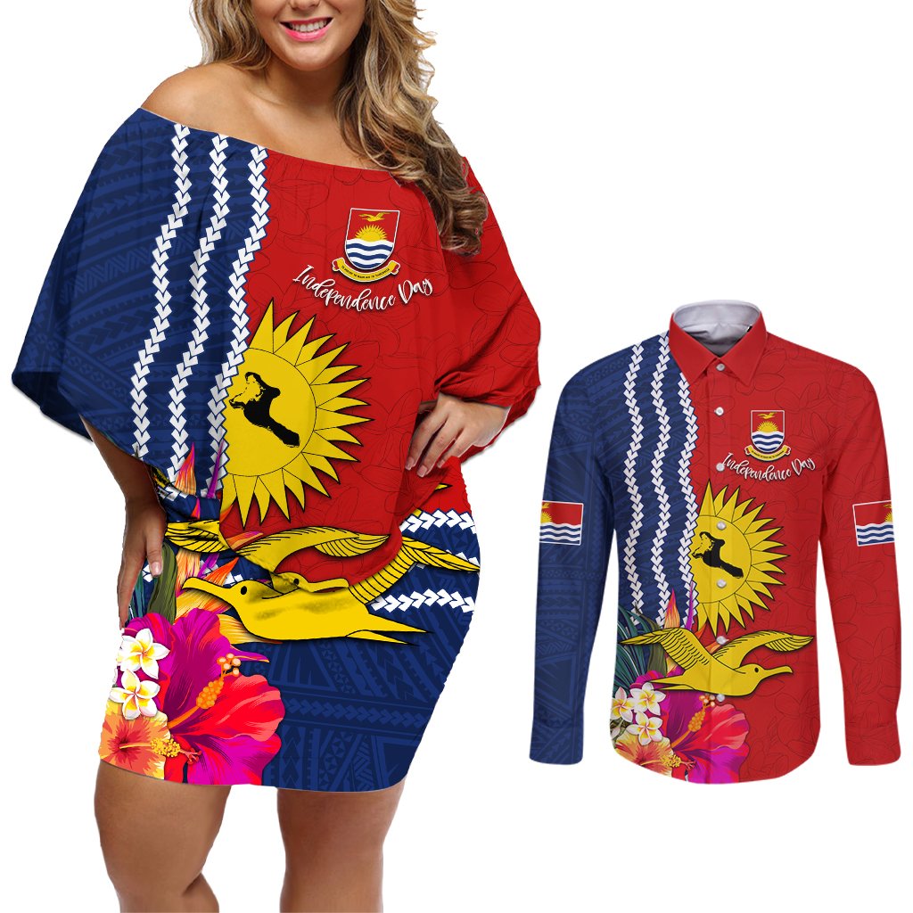 Personalised Kiribati Independence Day Couples Matching Off Shoulder Short Dress and Long Sleeve Button Shirt Kiribati Map With Flag Color LT03 Red - Polynesian Pride