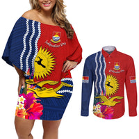 Personalised Kiribati Independence Day Couples Matching Off Shoulder Short Dress and Long Sleeve Button Shirt Kiribati Map With Flag Color LT03 Red - Polynesian Pride