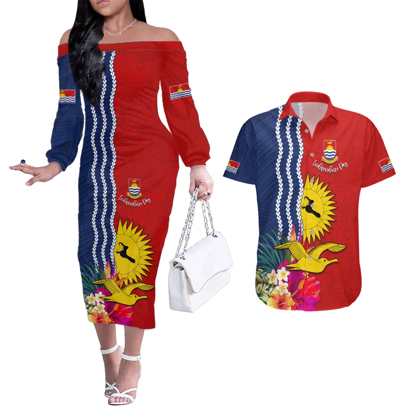 Personalised Kiribati Independence Day Couples Matching Off The Shoulder Long Sleeve Dress and Hawaiian Shirt Kiribati Map With Flag Color LT03 Red - Polynesian Pride