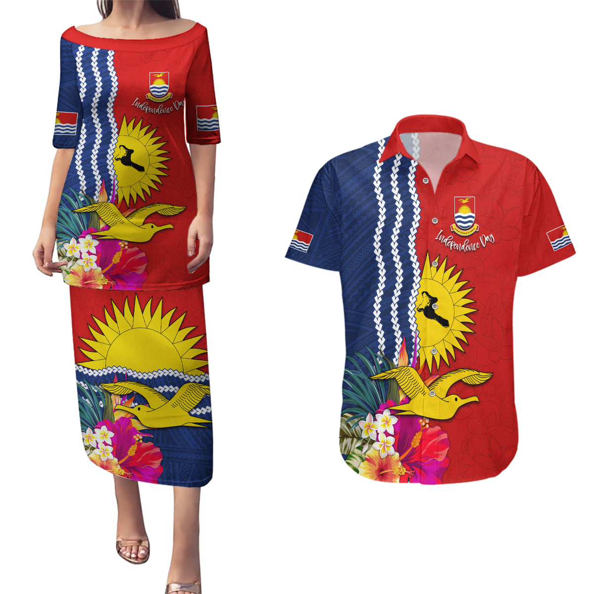 Personalised Kiribati Independence Day Couples Matching Puletasi and Hawaiian Shirt Kiribati Map With Flag Color LT03 Red - Polynesian Pride