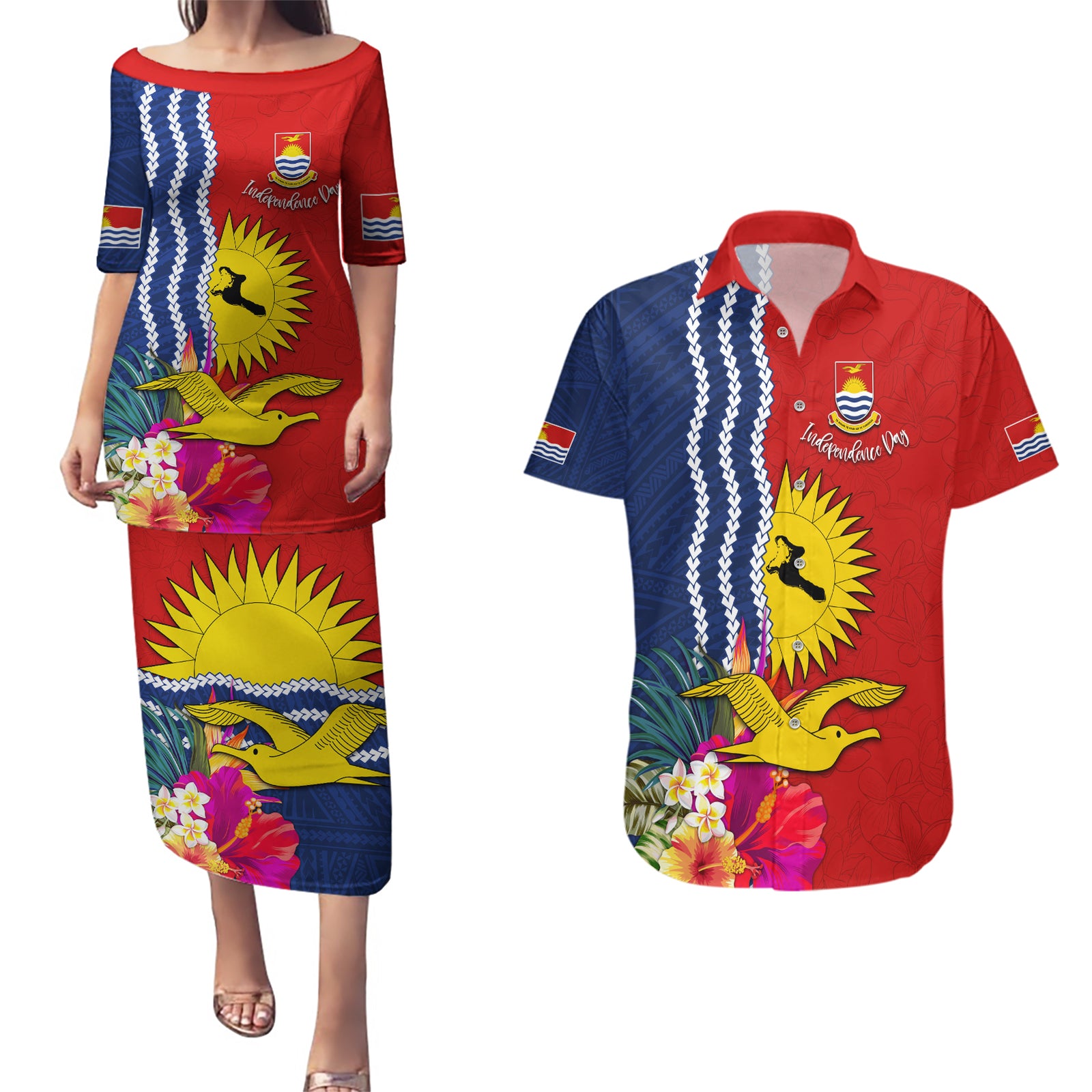 Personalised Kiribati Independence Day Couples Matching Puletasi and Hawaiian Shirt Kiribati Map With Flag Color LT03 Red - Polynesian Pride