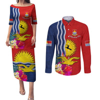 Personalised Kiribati Independence Day Couples Matching Puletasi and Long Sleeve Button Shirt Kiribati Map With Flag Color LT03 Red - Polynesian Pride