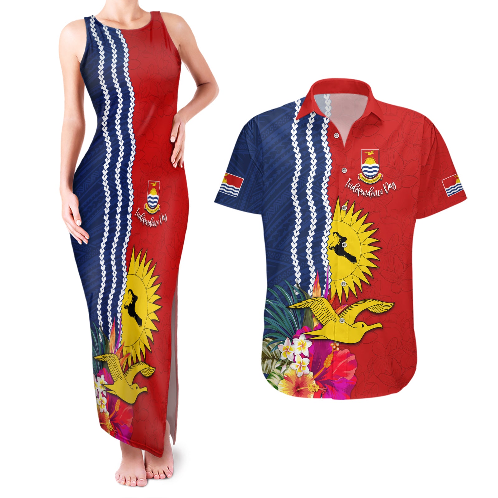 Personalised Kiribati Independence Day Couples Matching Tank Maxi Dress and Hawaiian Shirt Kiribati Map With Flag Color LT03 Red - Polynesian Pride