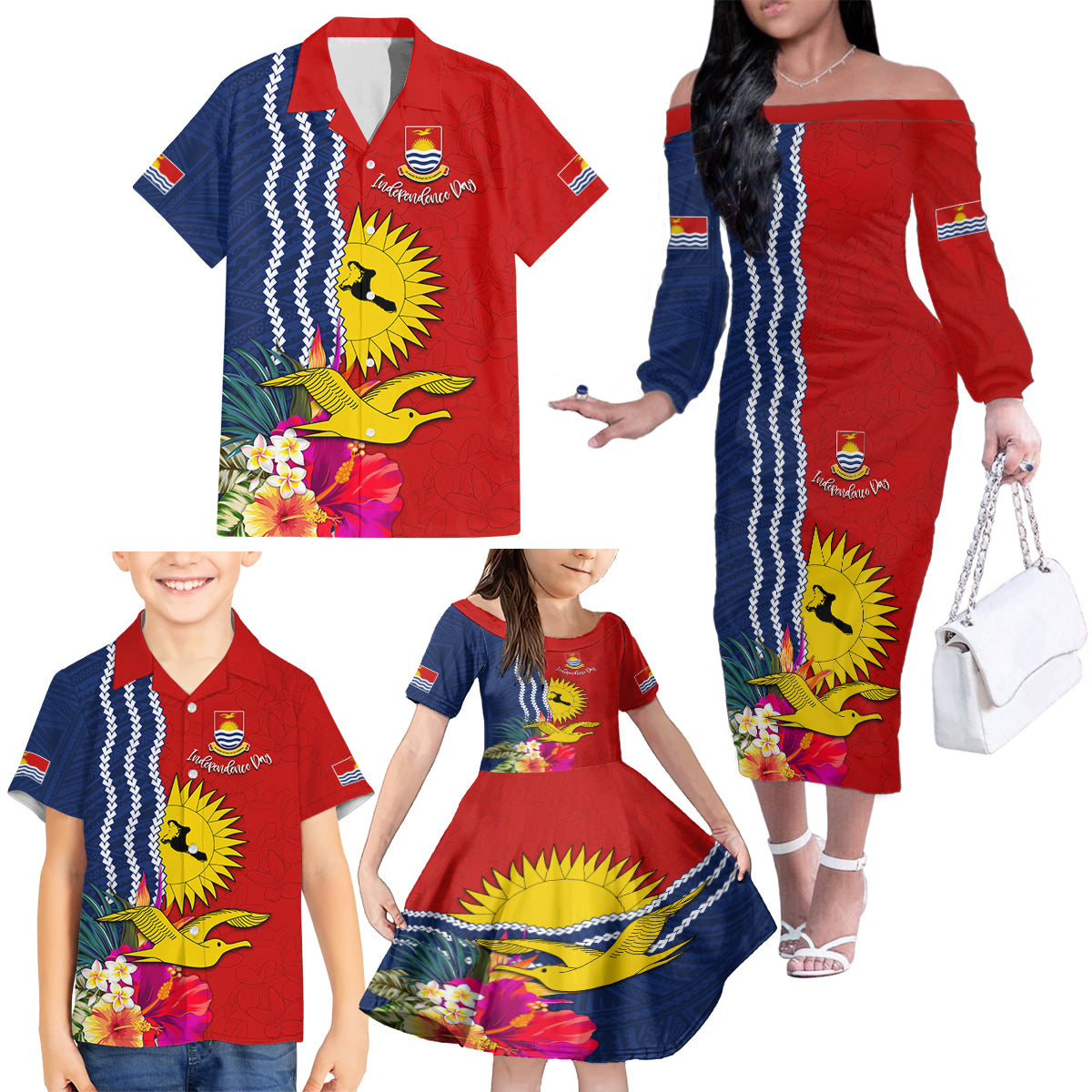 Kiribati Independence Day Family Matching Off The Shoulder Long Sleeve Dress and Hawaiian Shirt Kiribati Map With Flag Color