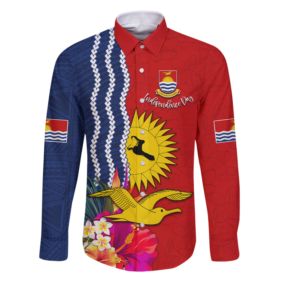 Personalised Kiribati Independence Day Family Matching Off The Shoulder Long Sleeve Dress and Hawaiian Shirt Kiribati Map With Flag Color LT03 Dad's Shirt - Long Sleeve Red - Polynesian Pride