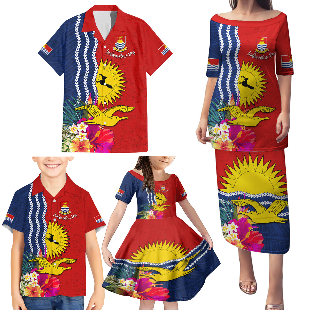 Personalised Kiribati Independence Day Family Matching Puletasi and Hawaiian Shirt Kiribati Map With Flag Color LT03 - Polynesian Pride