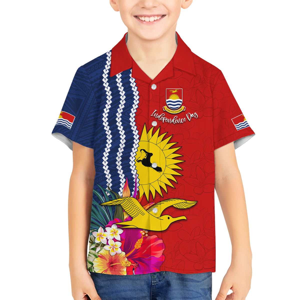 Personalised Kiribati Independence Day Family Matching Puletasi and Hawaiian Shirt Kiribati Map With Flag Color LT03 Son's Shirt Red - Polynesian Pride