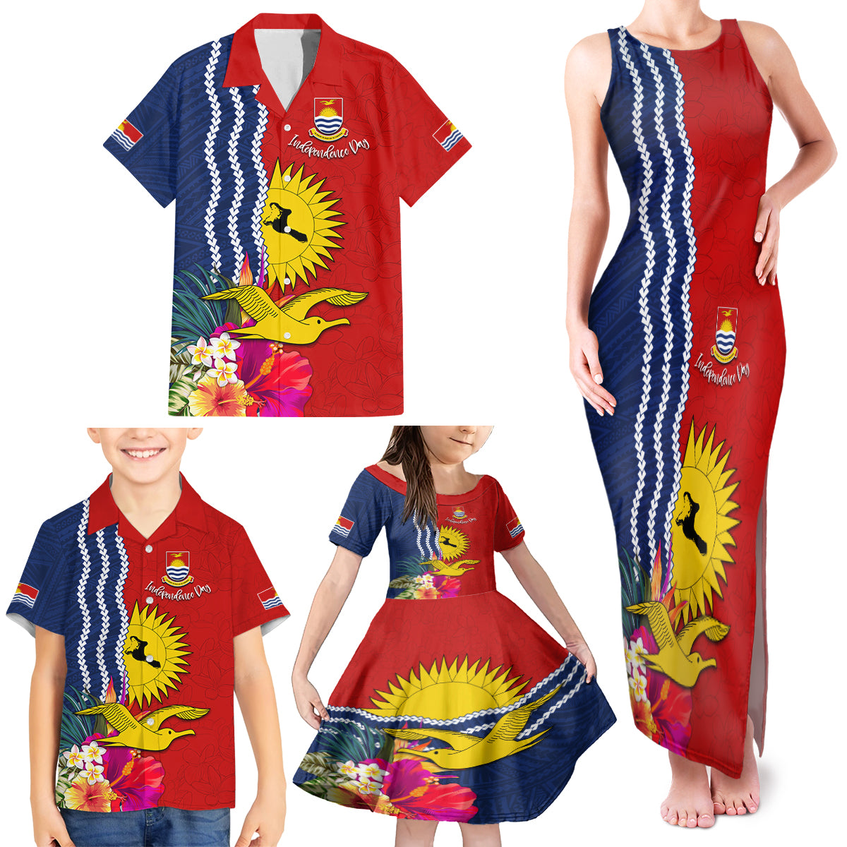 Personalised Kiribati Independence Day Family Matching Tank Maxi Dress and Hawaiian Shirt Kiribati Map With Flag Color LT03 - Polynesian Pride