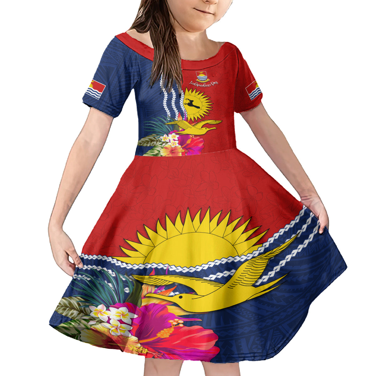 Personalised Kiribati Independence Day Kid Short Sleeve Dress Kiribati Map With Flag Color LT03 KID Red - Polynesian Pride
