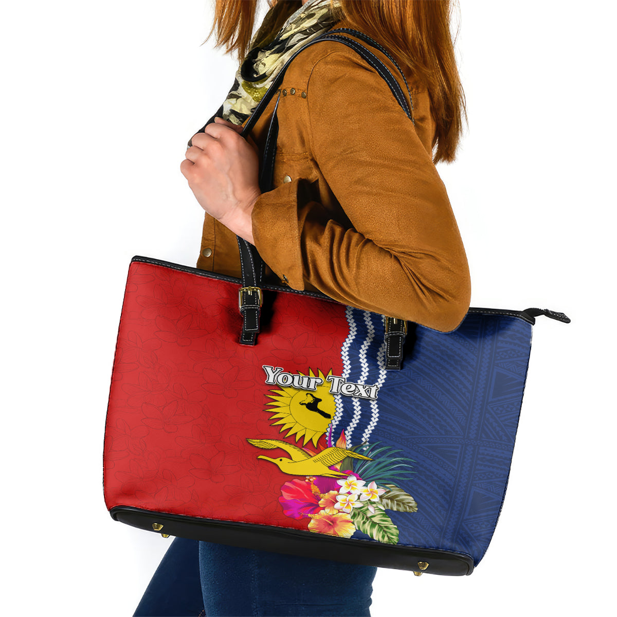 Personalised Kiribati Independence Day Leather Tote Bag Kiribati Map With Flag Color LT03 Red - Polynesian Pride