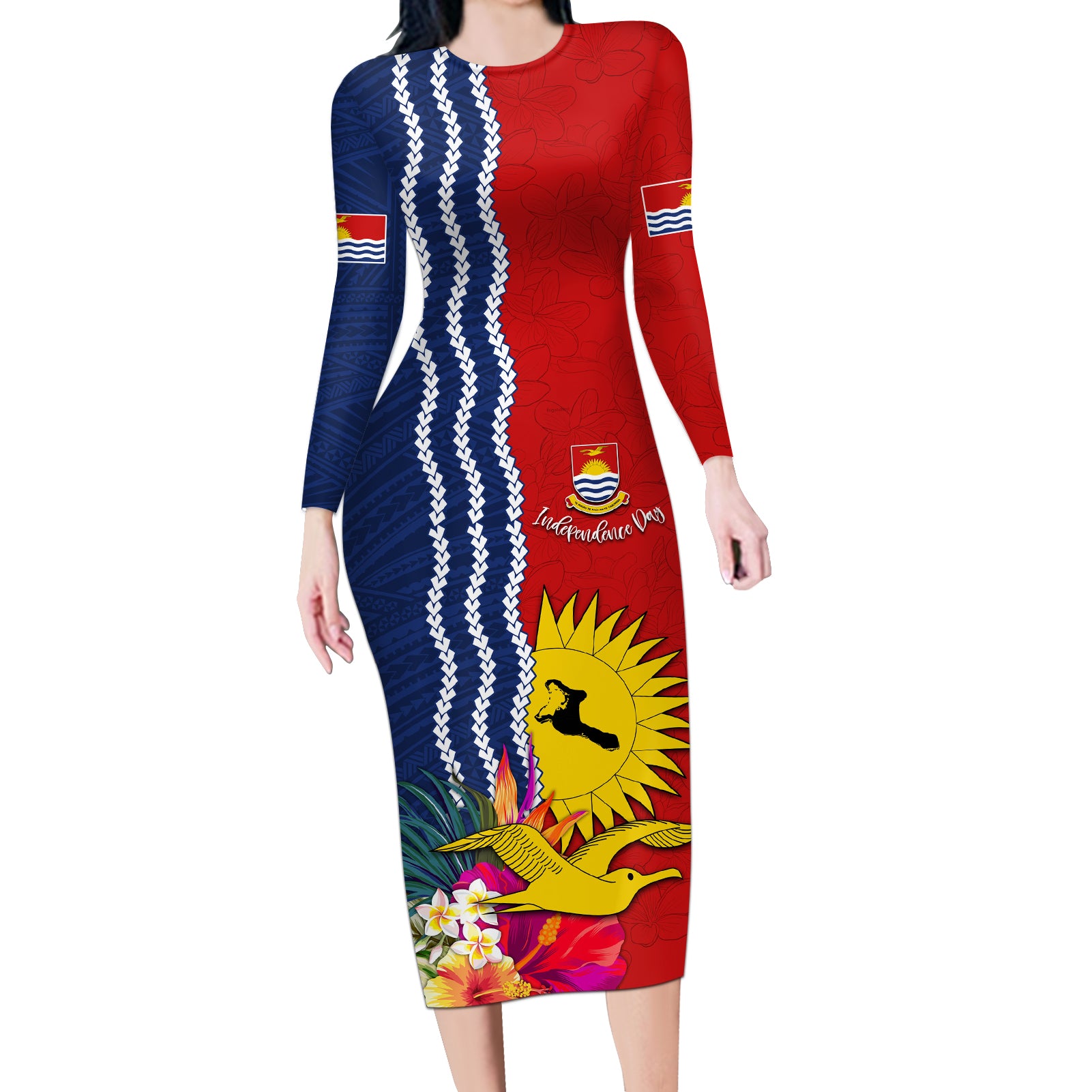 Kiribati Independence Day Long Sleeve Bodycon Dress Kiribati Map With Flag Color