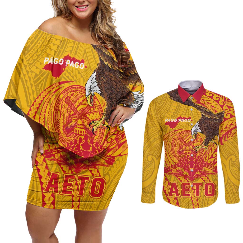 Personalized American Samoa Fautasi Race Couples Matching Off Shoulder Short Dress and Long Sleeve Button Shirt Aeto Pago Pago with Eagle Samoan Tribal Patterns LT03 Multicolor - Polynesian Pride