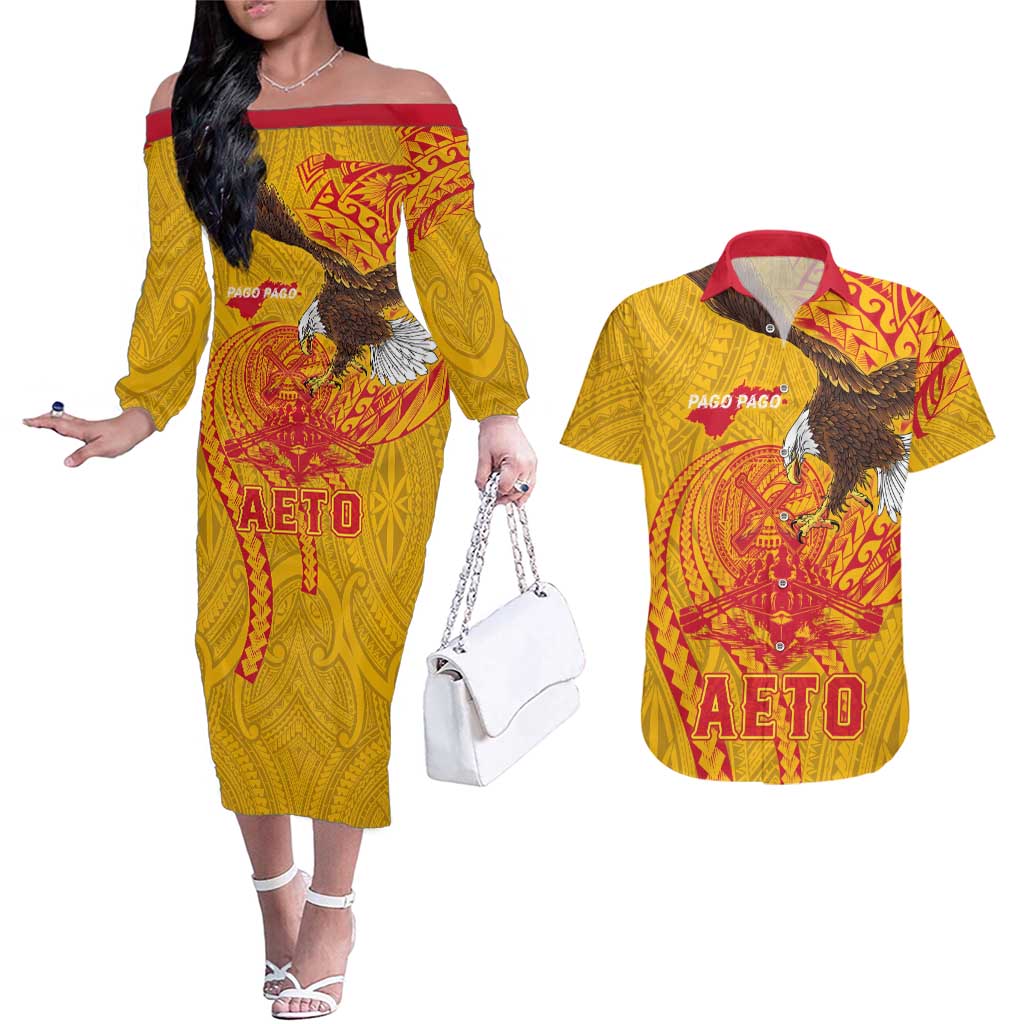 Personalized American Samoa Fautasi Race Couples Matching Off The Shoulder Long Sleeve Dress and Hawaiian Shirt Aeto Pago Pago with Eagle Samoan Tribal Patterns