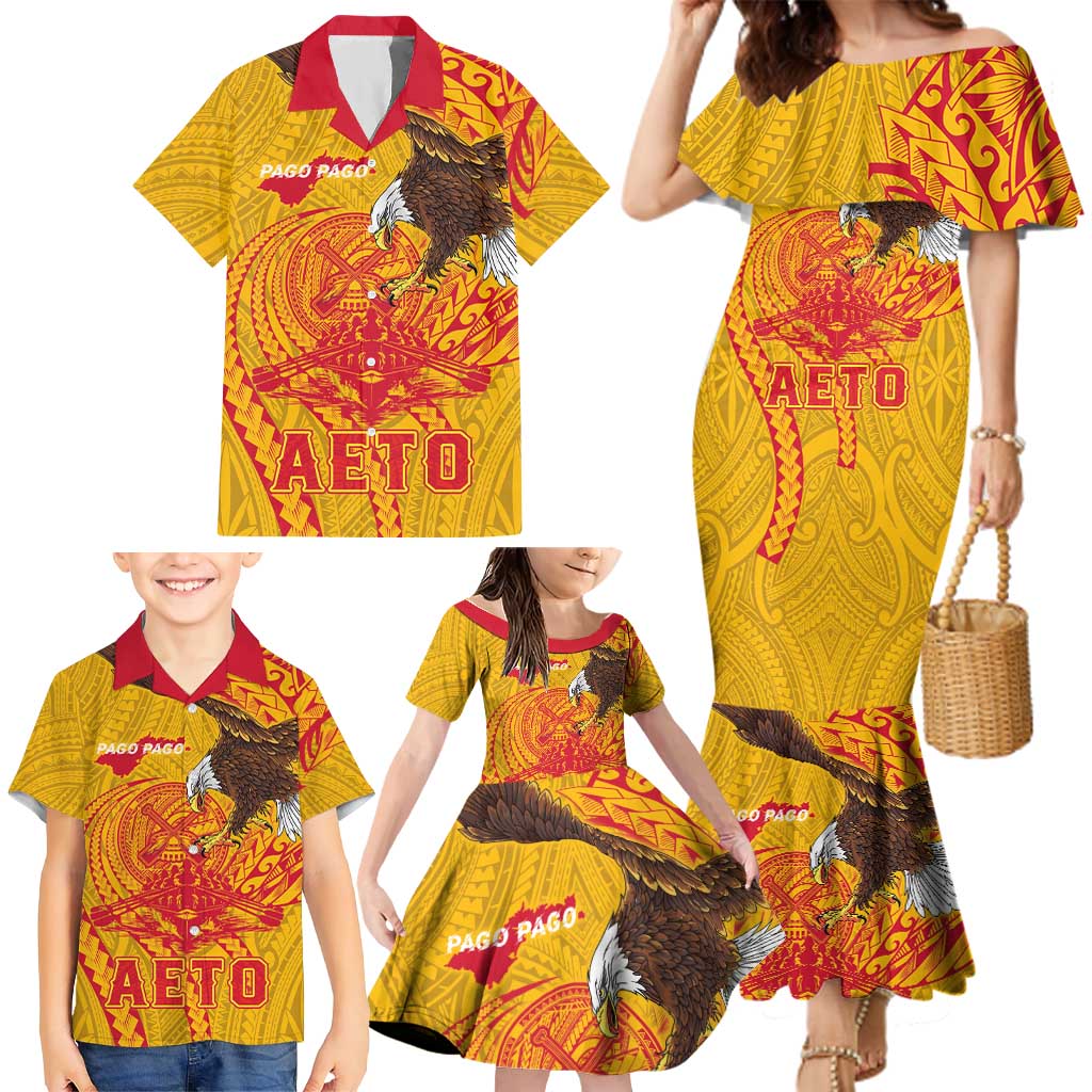 Personalized American Samoa Fautasi Race Family Matching Mermaid Dress and Hawaiian Shirt Aeto Pago Pago with Eagle Samoan Tribal Patterns