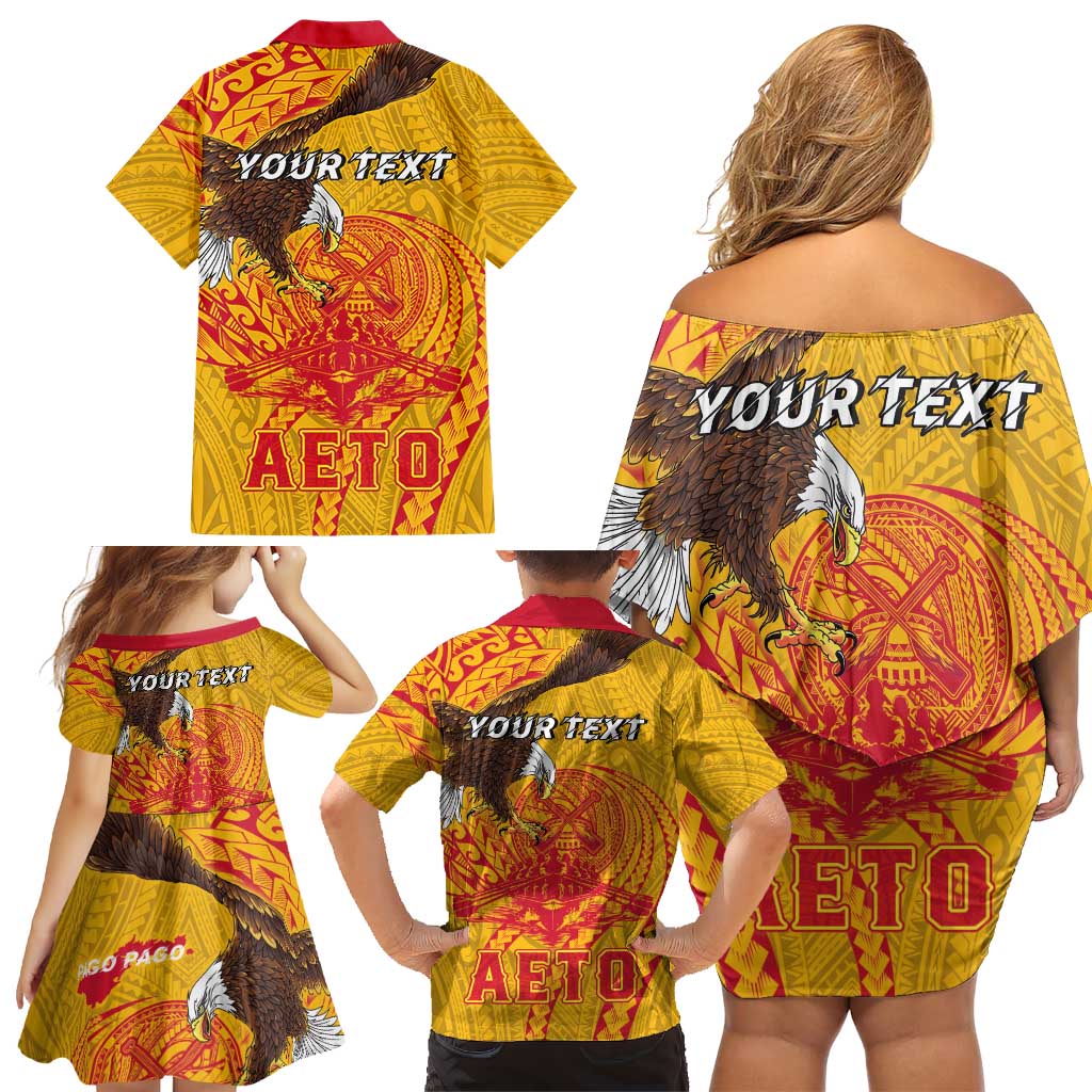 Personalized American Samoa Fautasi Race Family Matching Off Shoulder Short Dress and Hawaiian Shirt Aeto Pago Pago with Eagle Samoan Tribal Patterns