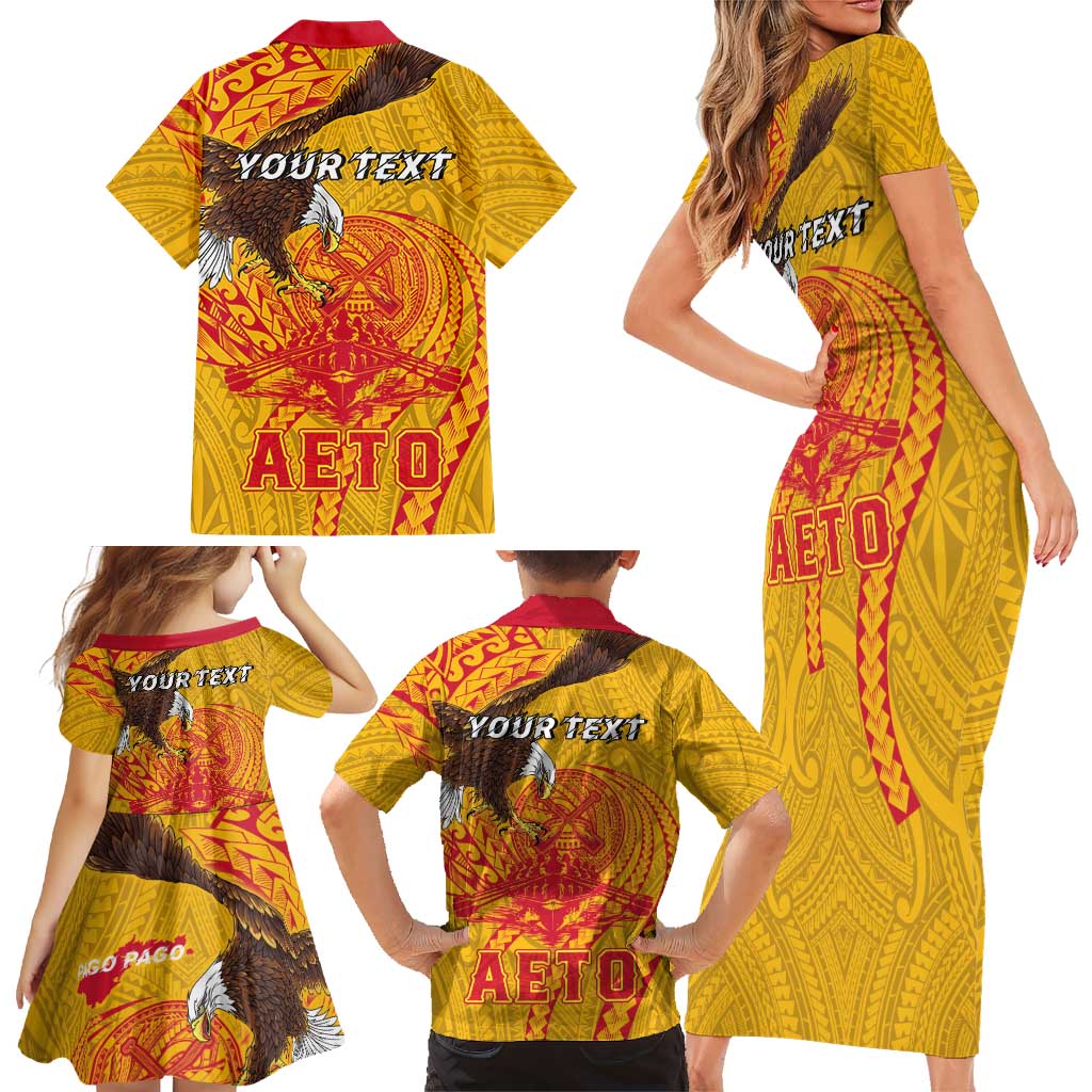 Personalized American Samoa Fautasi Race Family Matching Short Sleeve Bodycon Dress and Hawaiian Shirt Aeto Pago Pago with Eagle Samoan Tribal Patterns