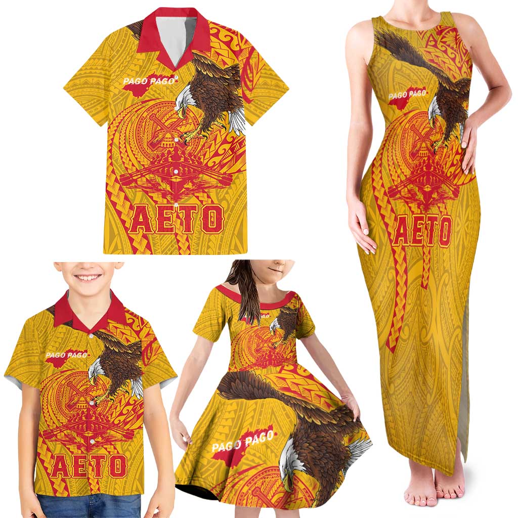 Personalized American Samoa Fautasi Race Family Matching Tank Maxi Dress and Hawaiian Shirt Aeto Pago Pago with Eagle Samoan Tribal Patterns