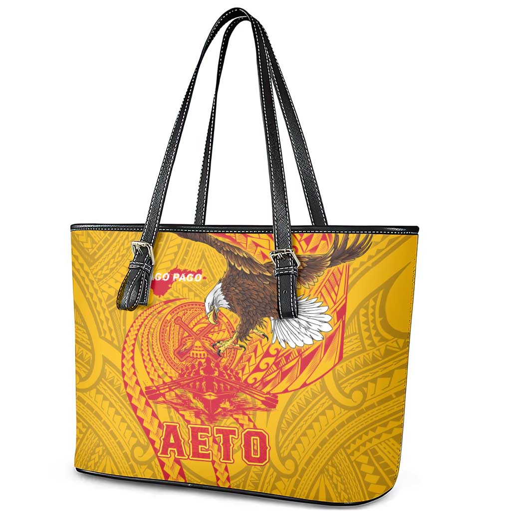 American Samoa Fautasi Race Leather Tote Bag Aeto Pago Pago with Eagle Samoan Tribal Patterns LT03 - Polynesian Pride