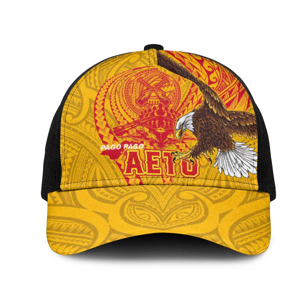 American Samoa Fautasi Race Mesh Trucker Cap Aeto Pago Pago with Eagle Samoan Tribal Patterns LT03 One Size Black Multicolor - Polynesian Pride