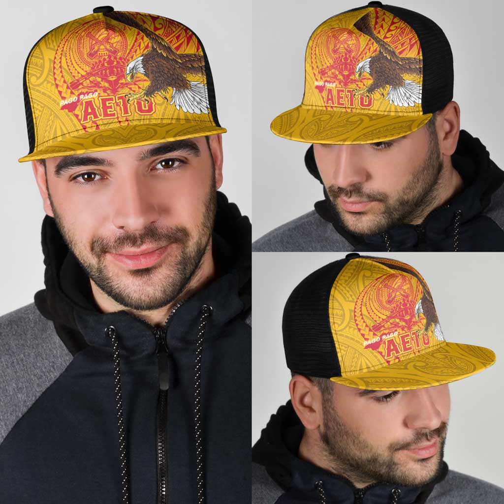 American Samoa Fautasi Race Mesh Trucker Cap Aeto Pago Pago with Eagle Samoan Tribal Patterns LT03 - Polynesian Pride