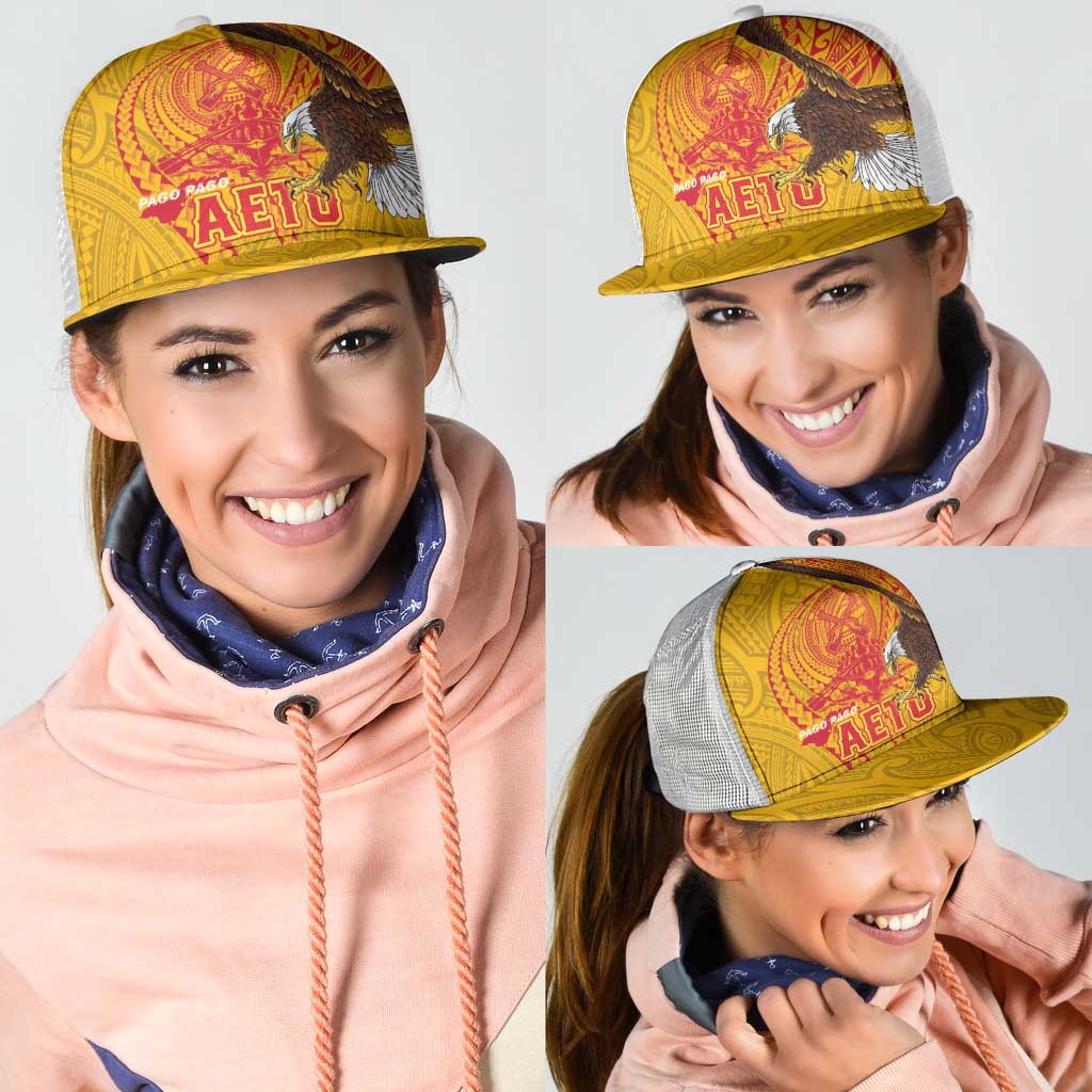 American Samoa Fautasi Race Mesh Trucker Cap Aeto Pago Pago with Eagle Samoan Tribal Patterns LT03 - Polynesian Pride