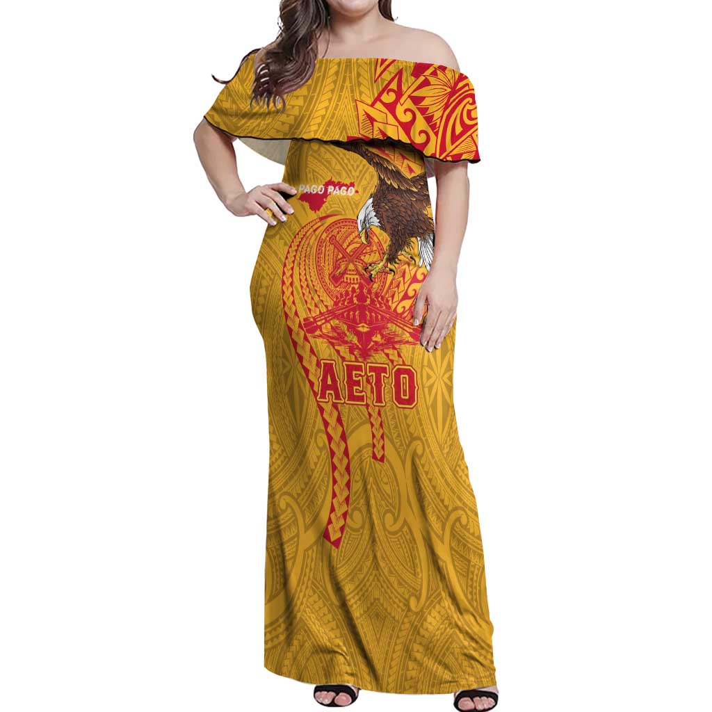 Personalized American Samoa Fautasi Race Off Shoulder Maxi Dress Aeto Pago Pago with Eagle Samoan Tribal Patterns LT03 Women Multicolor - Polynesian Pride