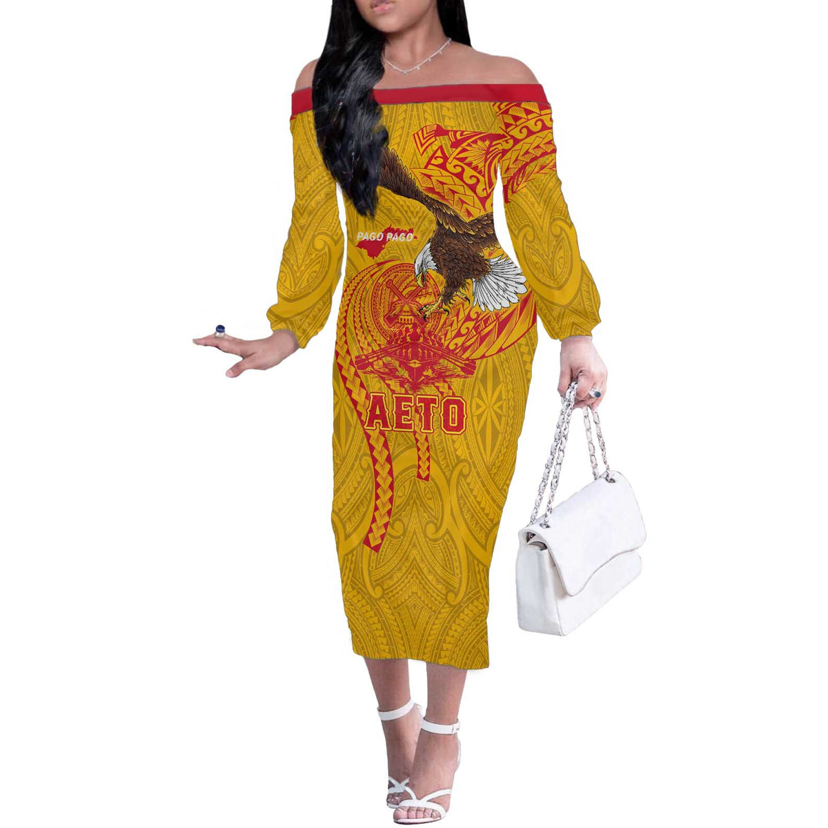 Personalized American Samoa Fautasi Race Off The Shoulder Long Sleeve Dress Aeto Pago Pago with Eagle Samoan Tribal Patterns LT03 Women Multicolor - Polynesian Pride
