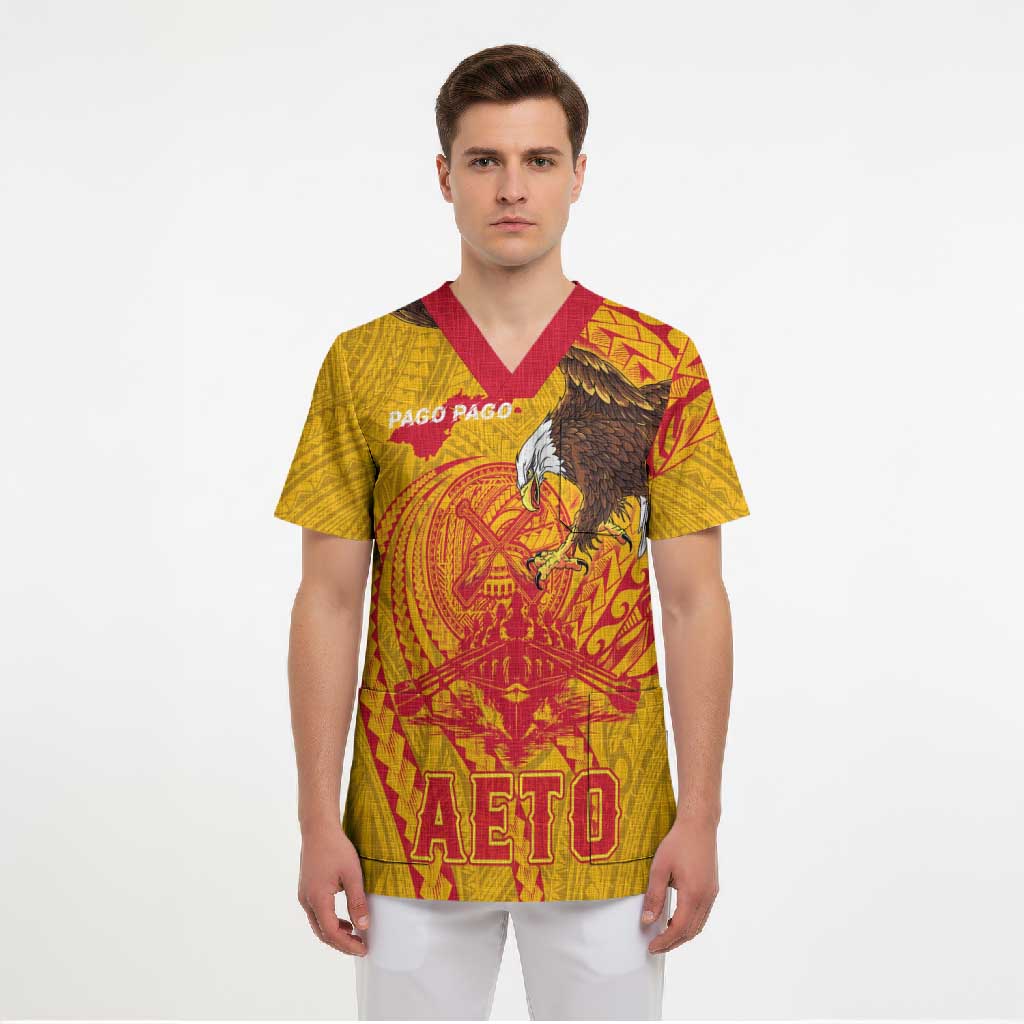 Personalized American Samoa Fautasi Race Scrub Top Aeto Pago Pago with Eagle Samoan Tribal Patterns LT03 - Polynesian Pride