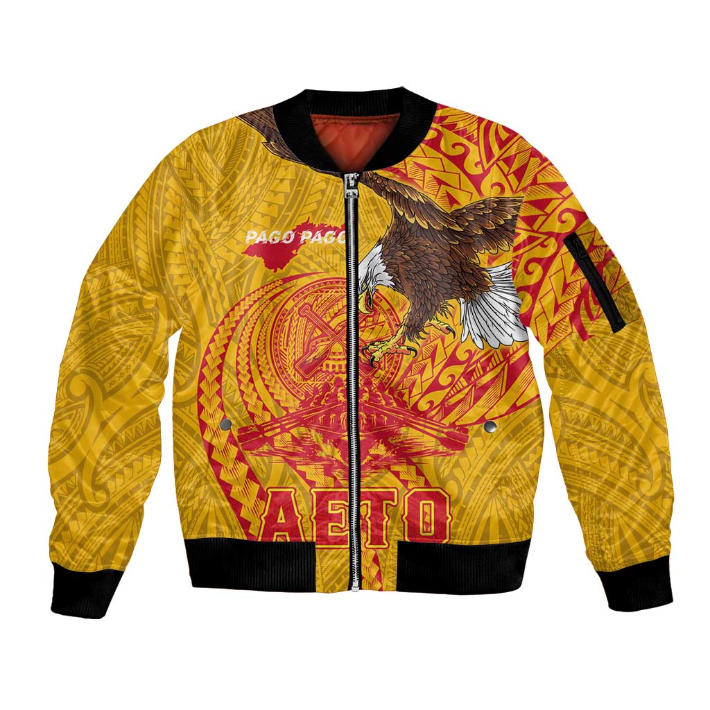 Personalized American Samoa Fautasi Race Sleeve Zip Bomber Jacket Aeto Pago Pago with Eagle Samoan Tribal Patterns