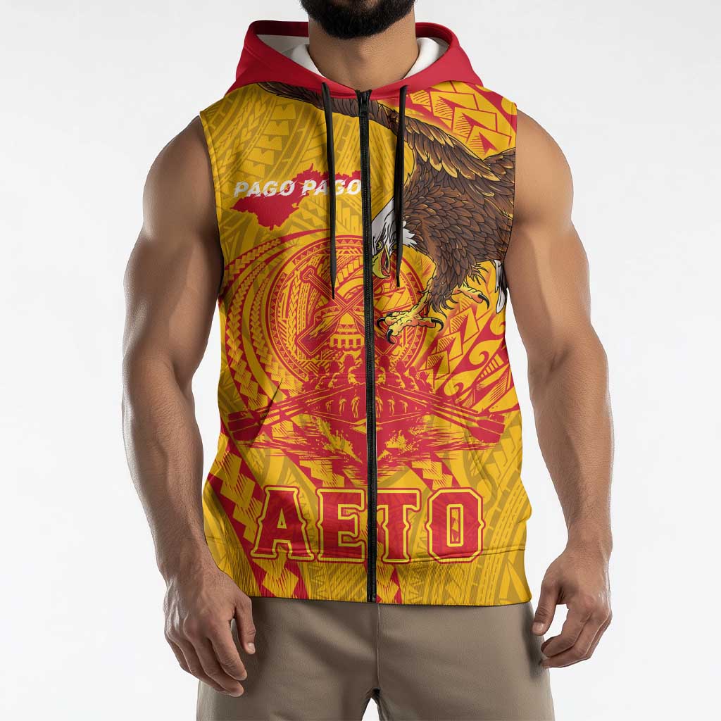 Personalized American Samoa Fautasi Race Sleeveless Zip Hoodie Aeto Pago Pago with Eagle Samoan Tribal Patterns LT03 - Polynesian Pride