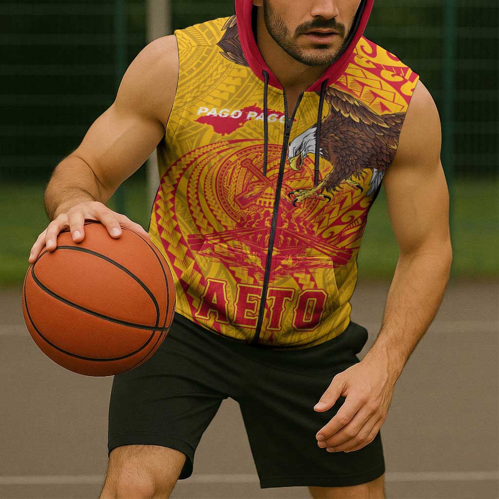 Personalized American Samoa Fautasi Race Sleeveless Zip Hoodie Aeto Pago Pago with Eagle Samoan Tribal Patterns LT03 - Polynesian Pride