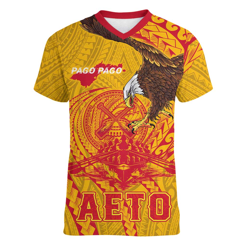 Personalized American Samoa Fautasi Race Women V-Neck T-Shirt Aeto Pago Pago with Eagle Samoan Tribal Patterns LT03 Female Multicolor - Polynesian Pride
