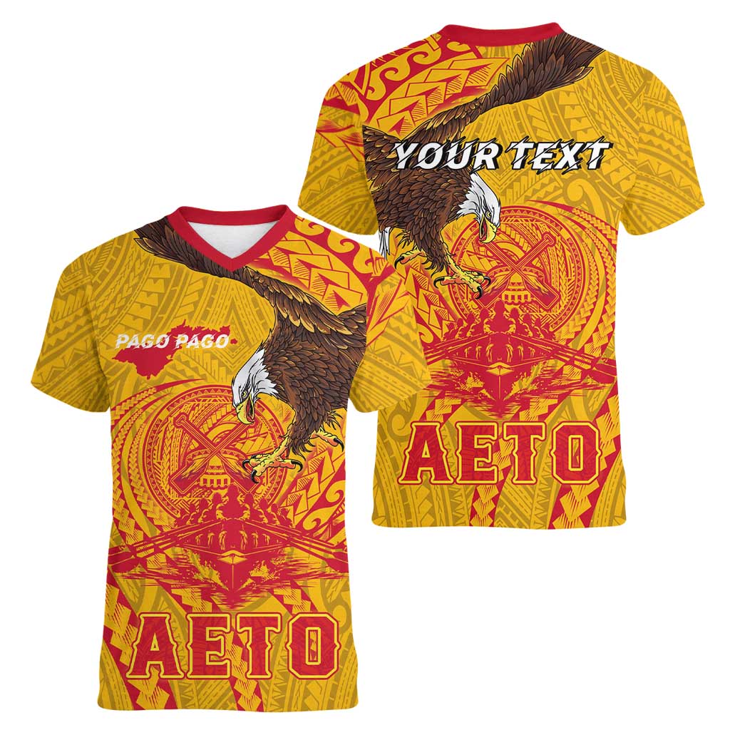 Personalized American Samoa Fautasi Race Women V-Neck T-Shirt Aeto Pago Pago with Eagle Samoan Tribal Patterns LT03 - Polynesian Pride
