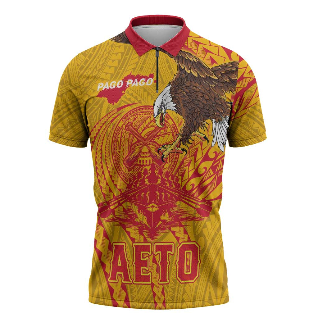 Personalized American Samoa Fautasi Race Zipper Polo Shirt Aeto Pago Pago with Eagle Samoan Tribal Patterns LT03 Multicolor - Polynesian Pride