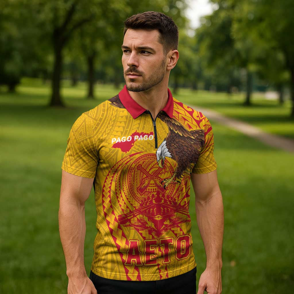 Personalized American Samoa Fautasi Race Zipper Polo Shirt Aeto Pago Pago with Eagle Samoan Tribal Patterns LT03 - Polynesian Pride