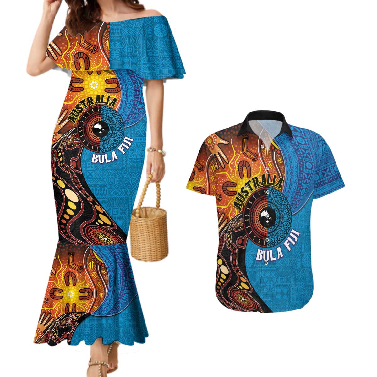 Fiji and Australia Together Couples Matching Mermaid Dress and Hawaiian Shirt Tapa Tribal Tattoo mix Aboriginal Pattern