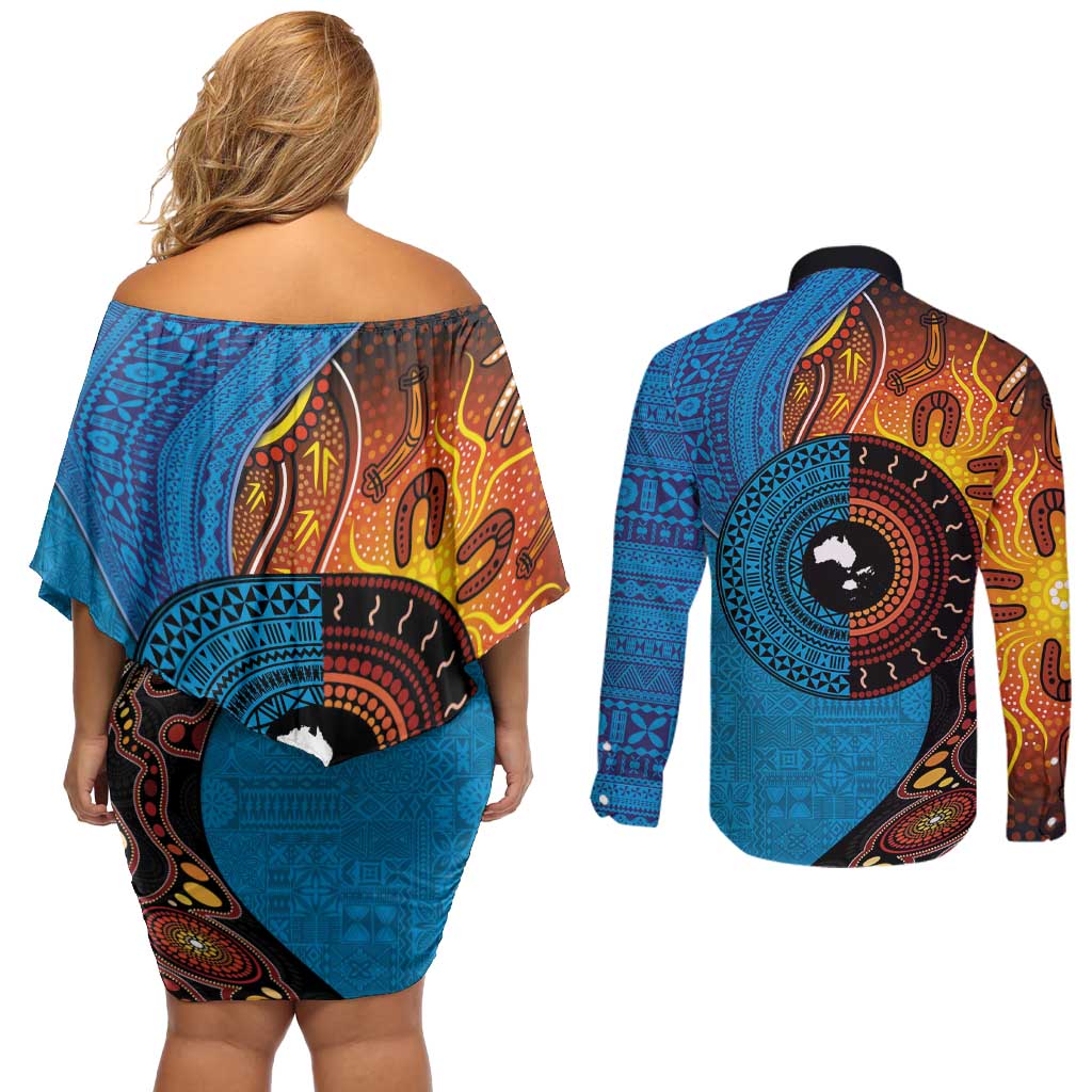 Fiji and Australia Together Couples Matching Off Shoulder Short Dress and Long Sleeve Button Shirt Tapa Tribal Tattoo mix Aboriginal Pattern