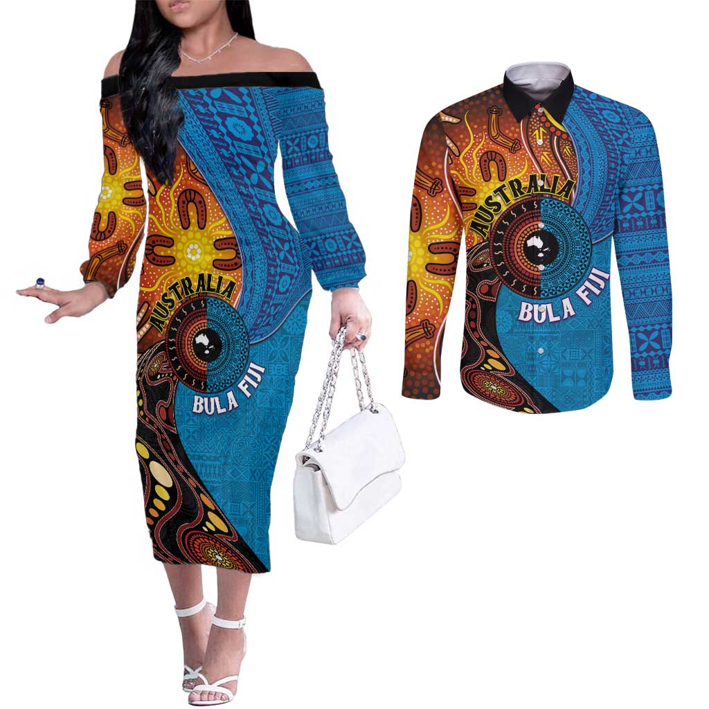 Fiji and Australia Together Couples Matching Off The Shoulder Long Sleeve Dress and Long Sleeve Button Shirt Tapa Tribal Tattoo mix Aboriginal Pattern