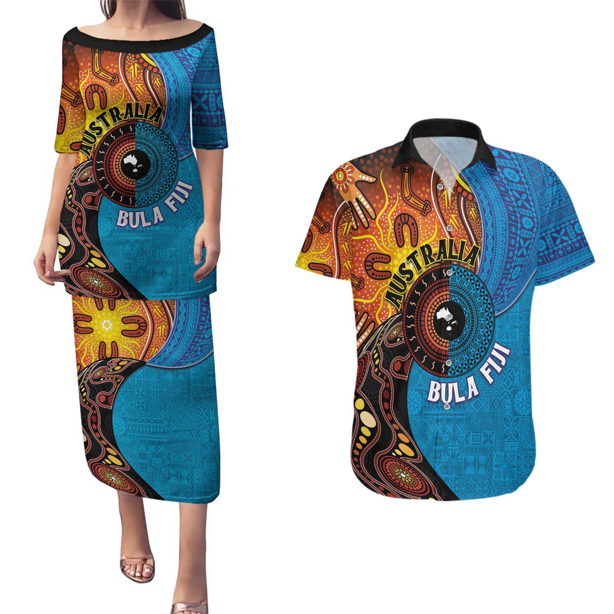 Fiji and Australia Together Couples Matching Puletasi and Hawaiian Shirt Tapa Tribal Tattoo mix Aboriginal Pattern