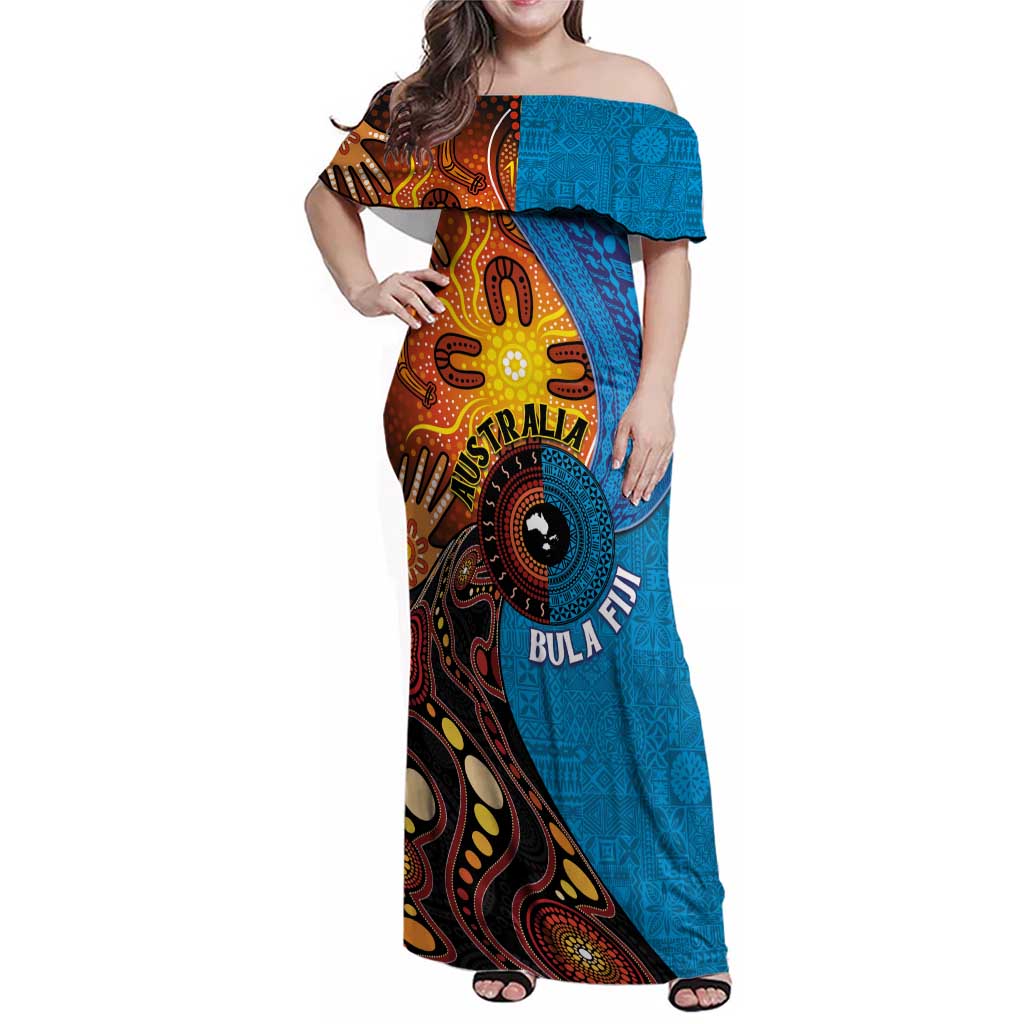 Fiji and Australia Together Family Matching Off Shoulder Maxi Dress and Hawaiian Shirt Tapa Tribal Tattoo mix Aboriginal Pattern