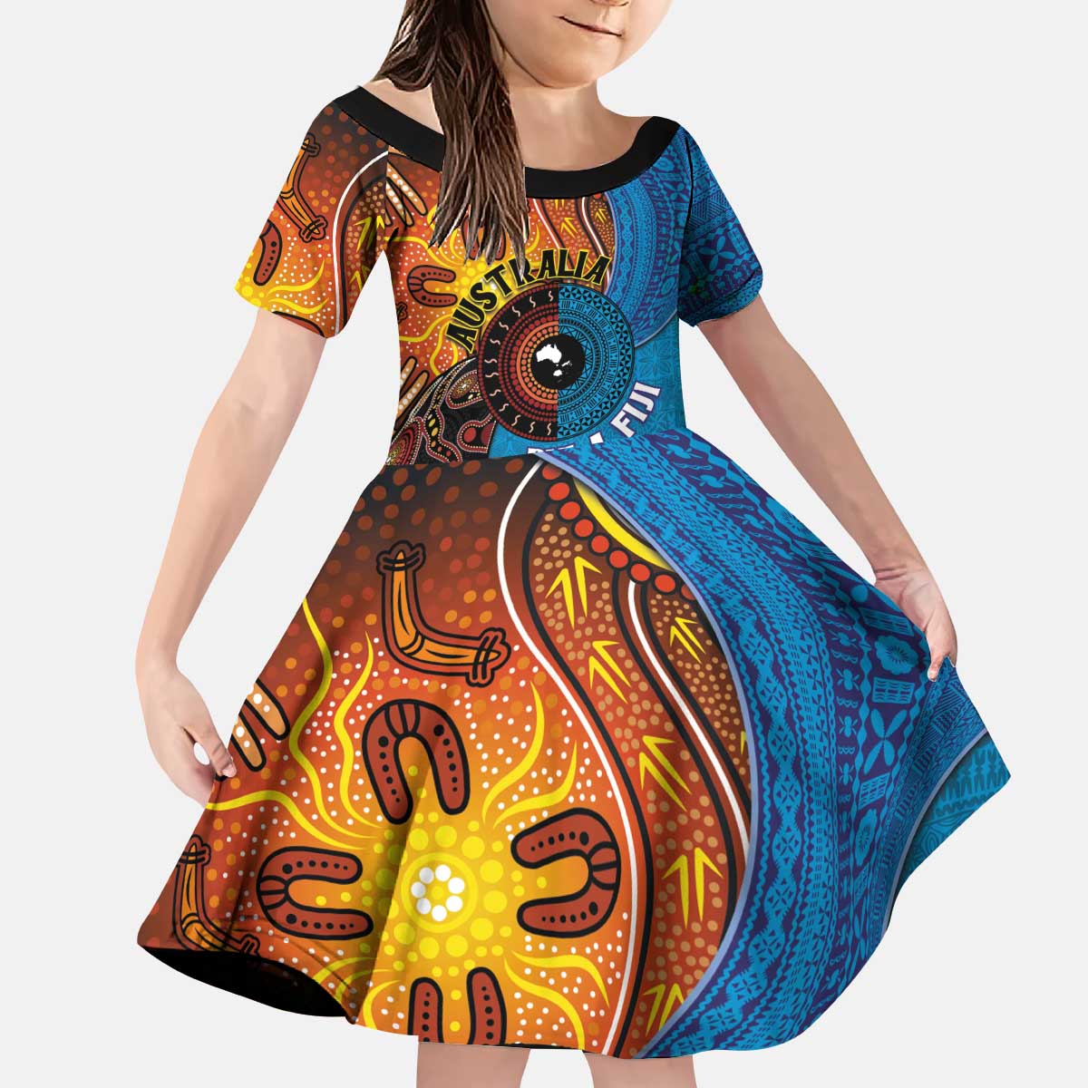 Fiji and Australia Together Kid Short Sleeve Dress Tapa Tribal Tattoo mix Aboriginal Pattern