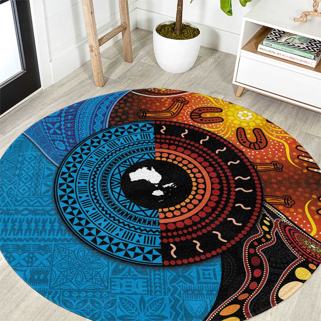 Fiji and Australia Together Round Carpet Tapa Tribal Tattoo mix Aboriginal Pattern