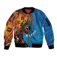 Fiji and Australia Together Sleeve Zip Bomber Jacket Tapa Tribal Tattoo mix Aboriginal Pattern