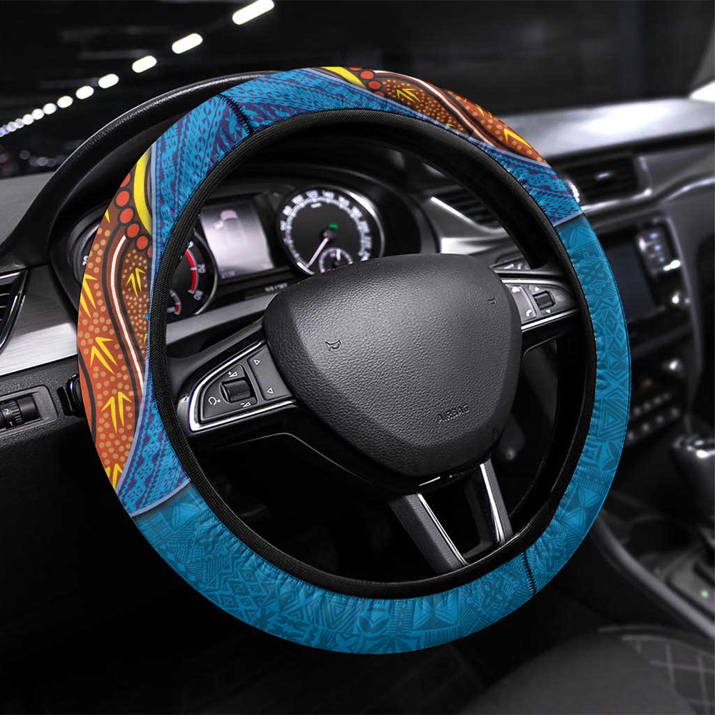 Fiji and Australia Together Steering Wheel Cover Tapa Tribal Tattoo mix Aboriginal Pattern LT03 Universal Fit Black - Polynesian Pride