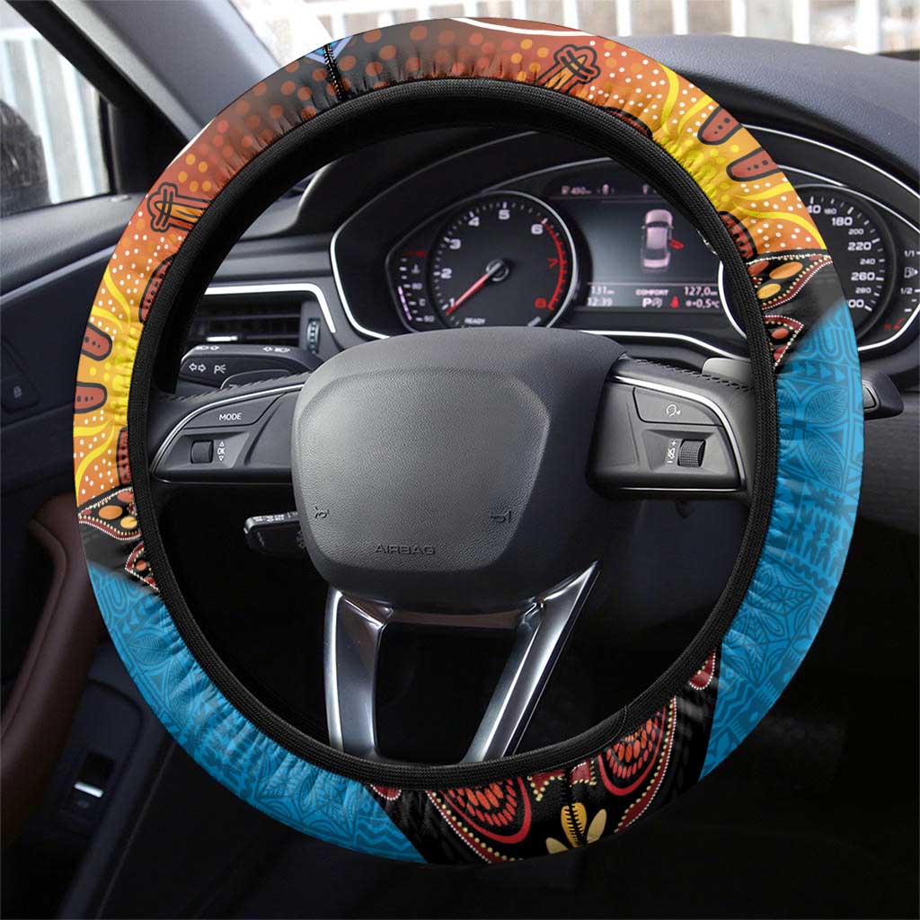 Fiji and Australia Together Steering Wheel Cover Tapa Tribal Tattoo mix Aboriginal Pattern LT03 - Polynesian Pride